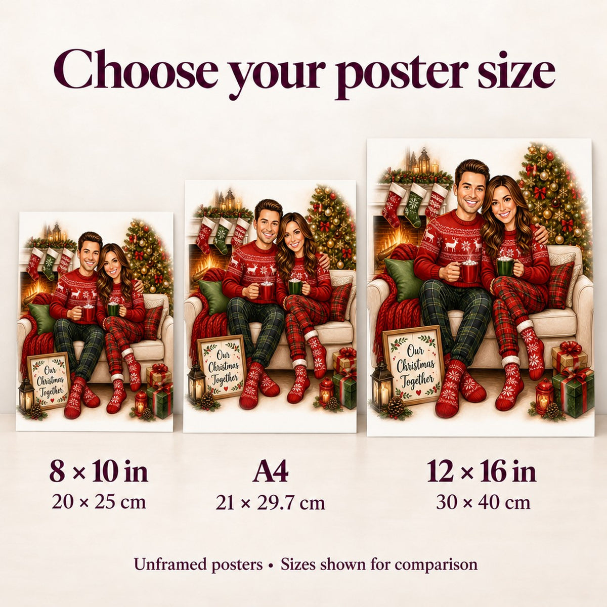 Poster size comparison showing 8x10, A4, and 12x16 wall display options.