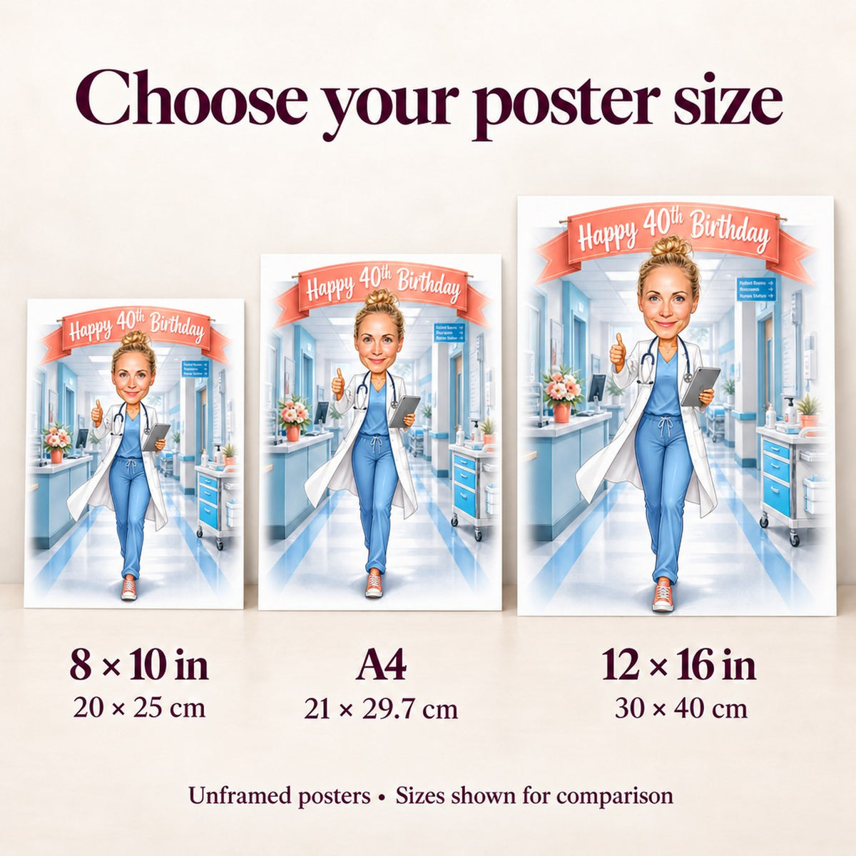 Poster size comparison showing 8x10, A4, and 12x16 doctor birthday print
