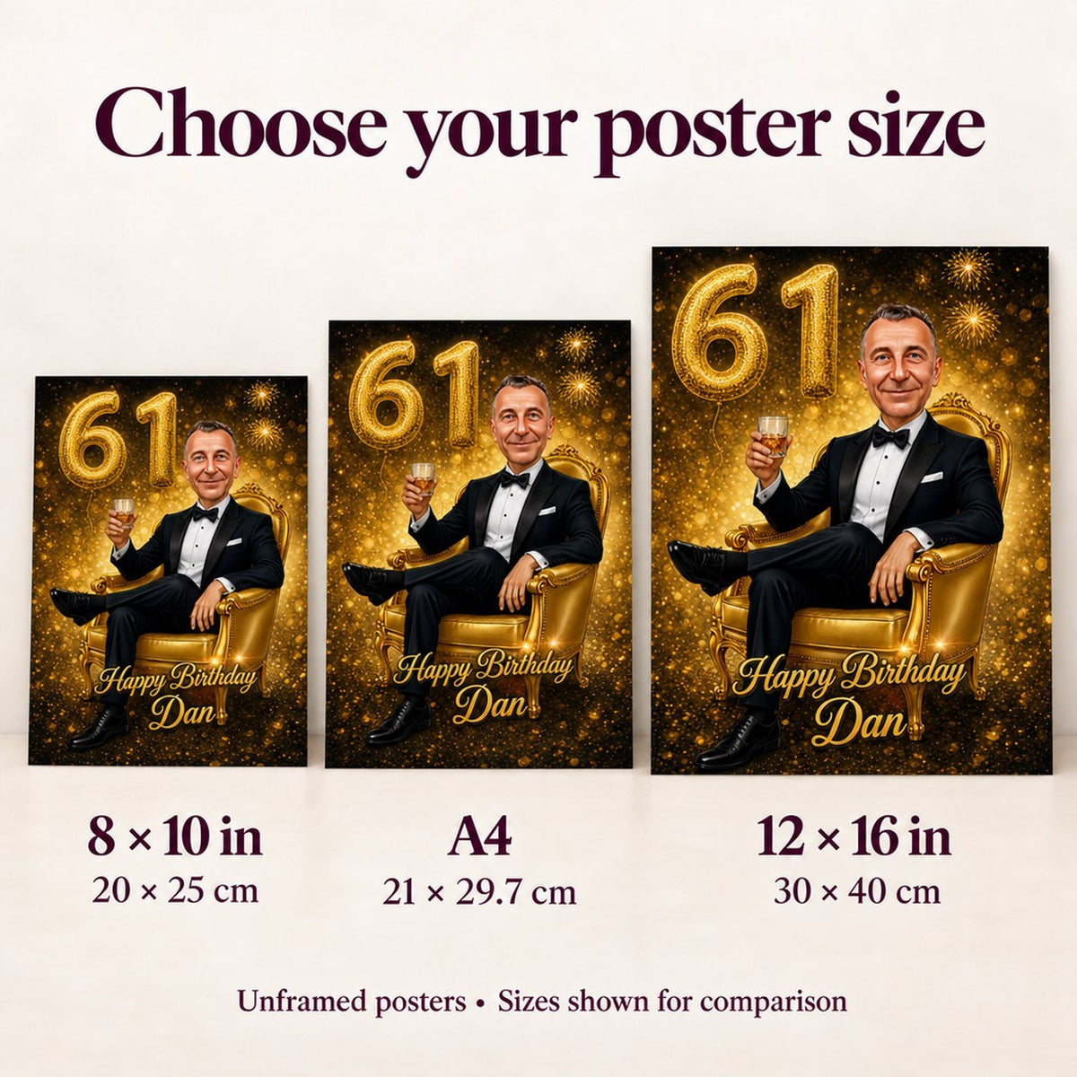 8x10, A4, and 12x16 posters shown side by side on wall.