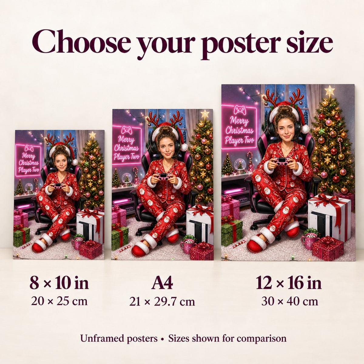 Posters shown in 8x10, A4, and 12x16 sizes for easy size comparison.