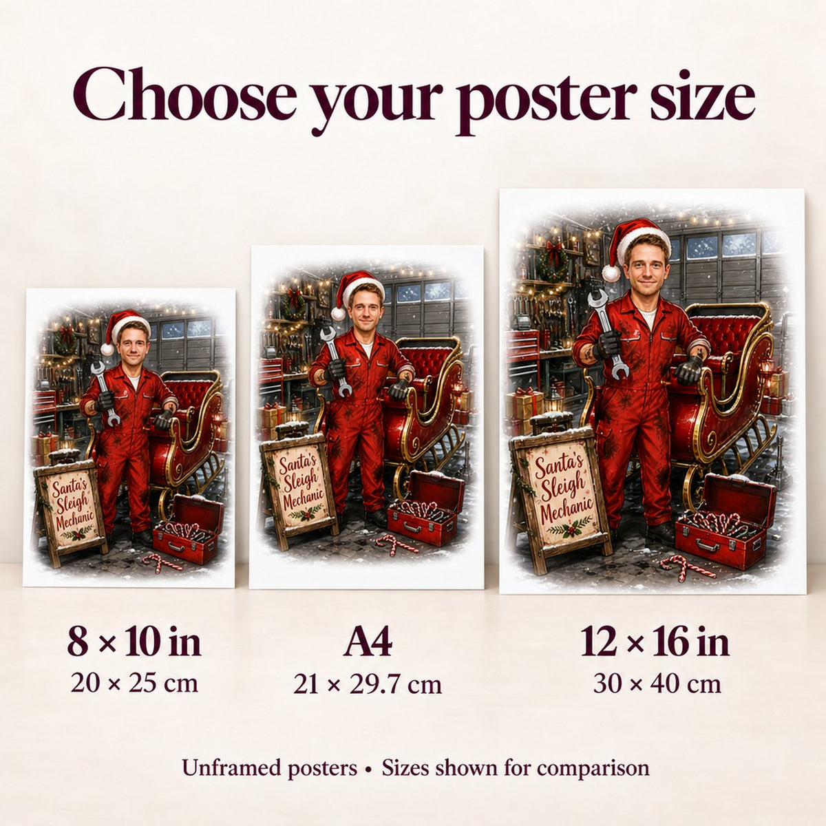 Poster size comparison 8x10, A4, and 12x16 beside card and canvas formats.