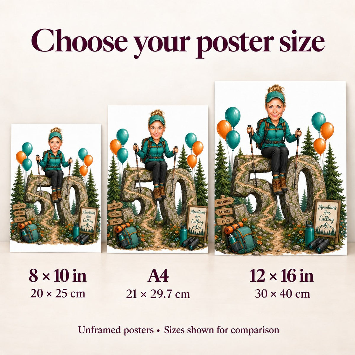 Poster sizes 8x10, A4, and 12x16 shown side by side for scale