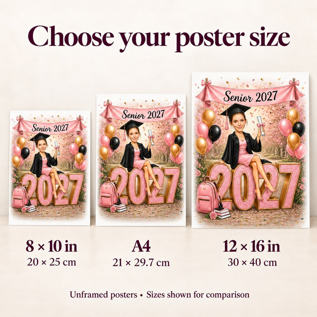 Poster size comparison showing 8x10, A4, and 12x16 prints on a wall.