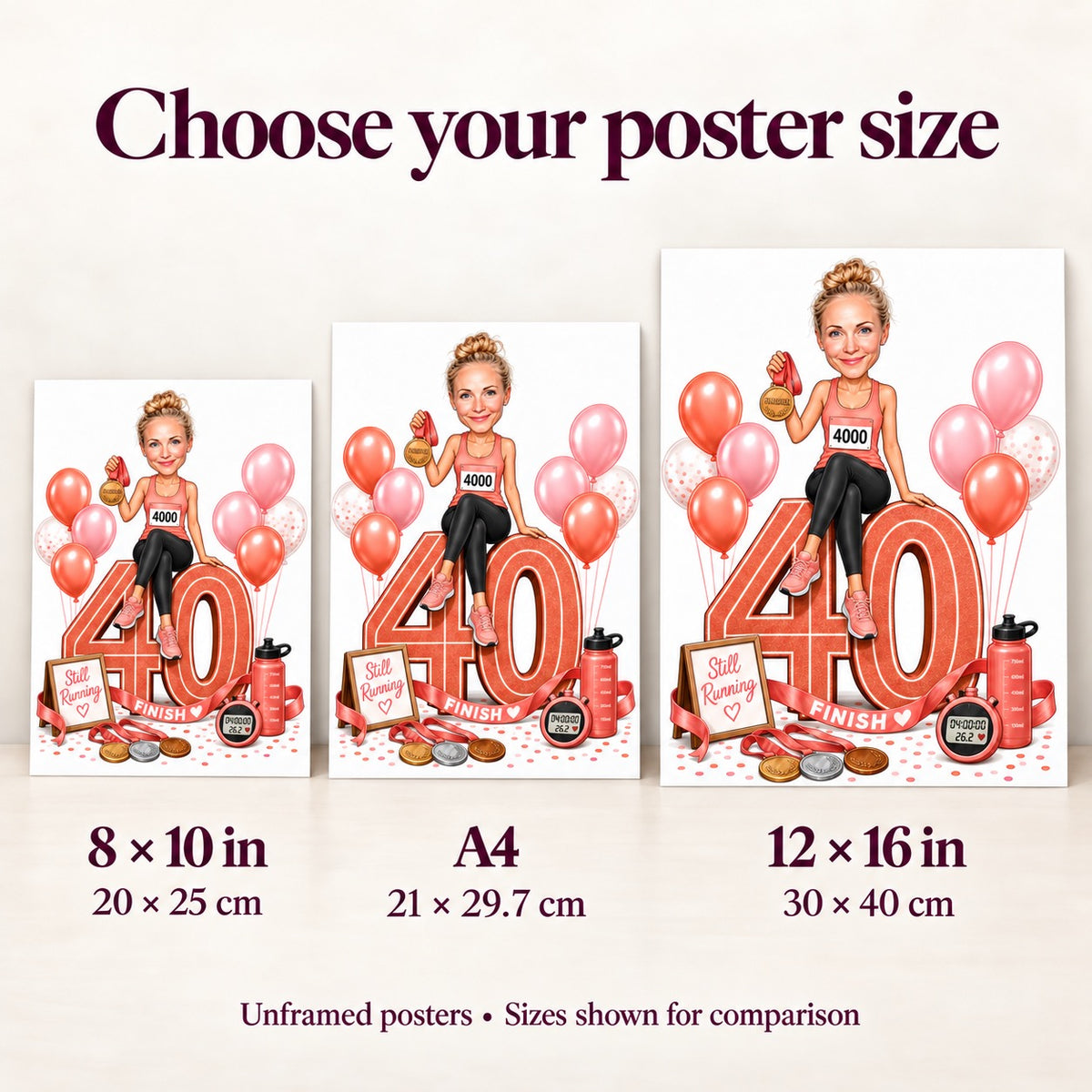 Poster size comparison showing 8x10, A4, and 12x16 inches on wall.