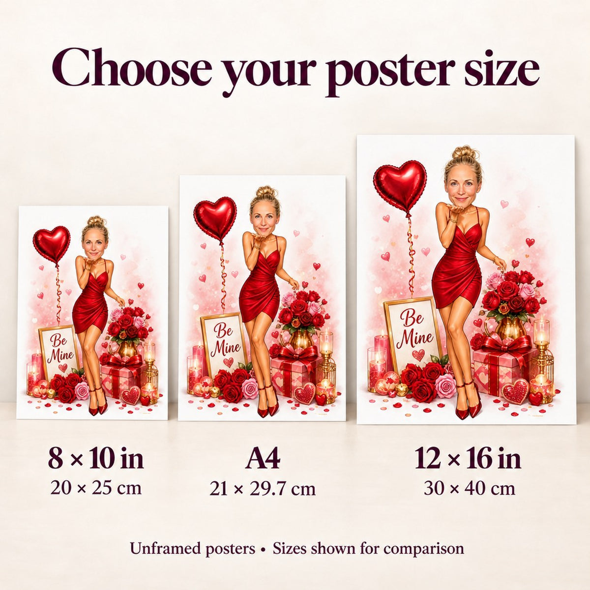 8x10, A4, and 12x16 matte poster sizes shown side by side.