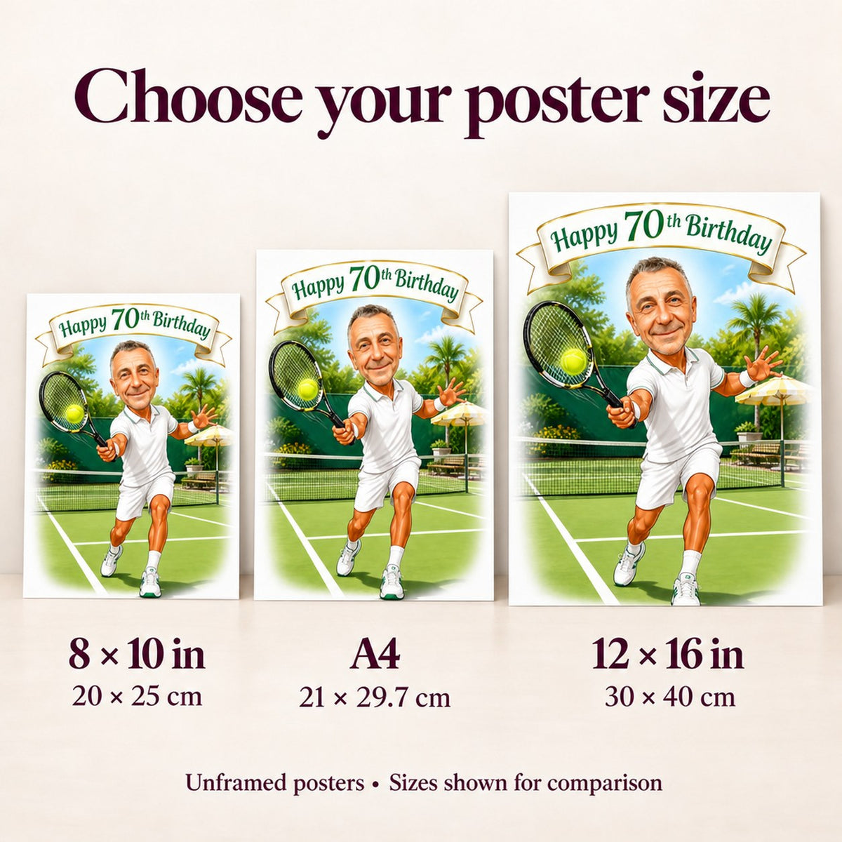 Poster sizes 8x10, A4, and 12x16 inches compared on a wall.