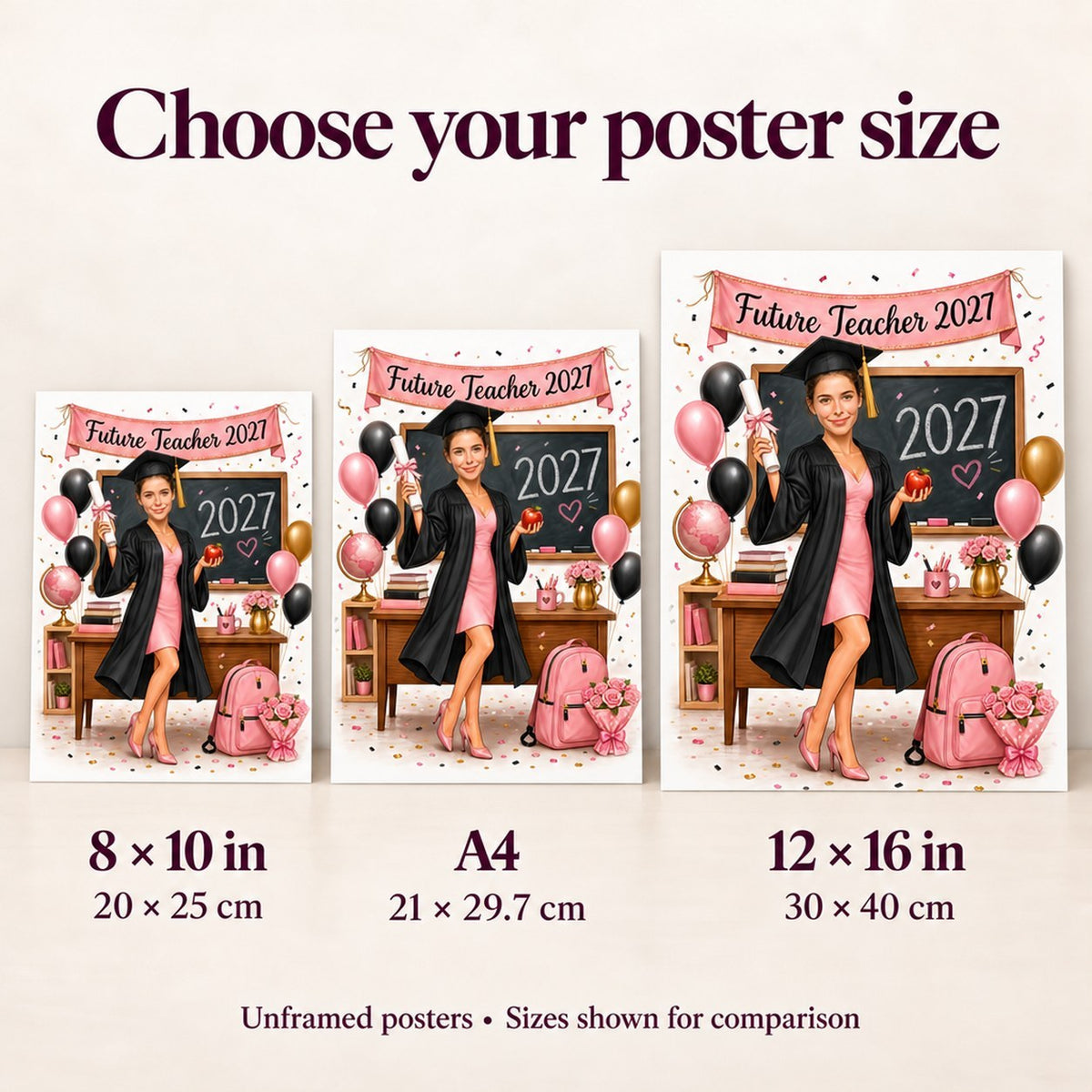 Poster size comparison: 8x10, A4, and 12x16 prints of the teacher graduation caricature.