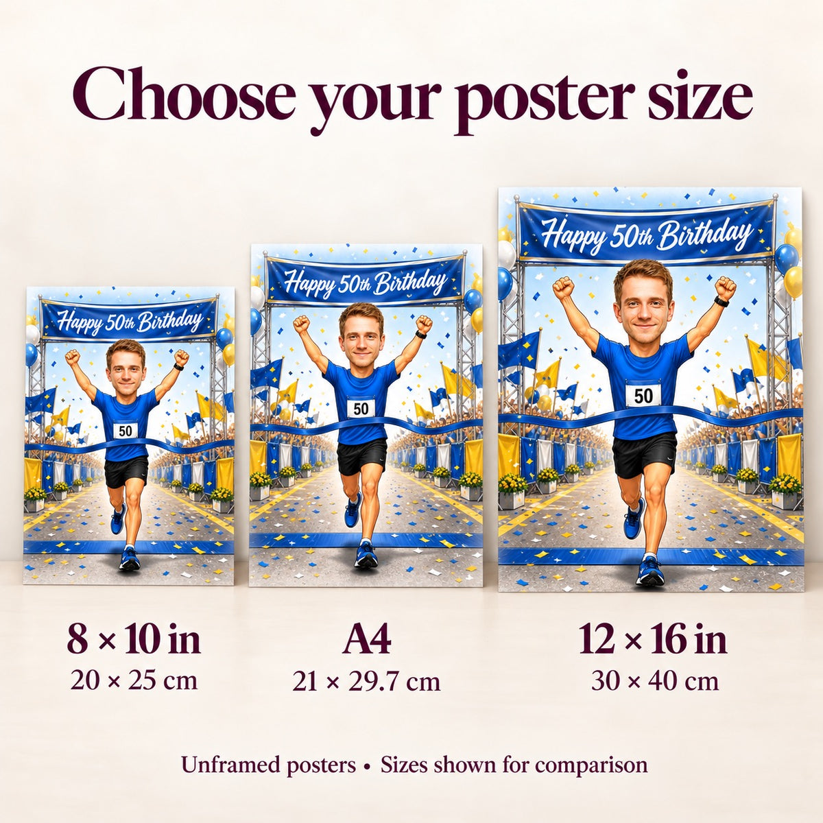 Poster sizes compared: 8x10, A4, and 12x16 inches of running design