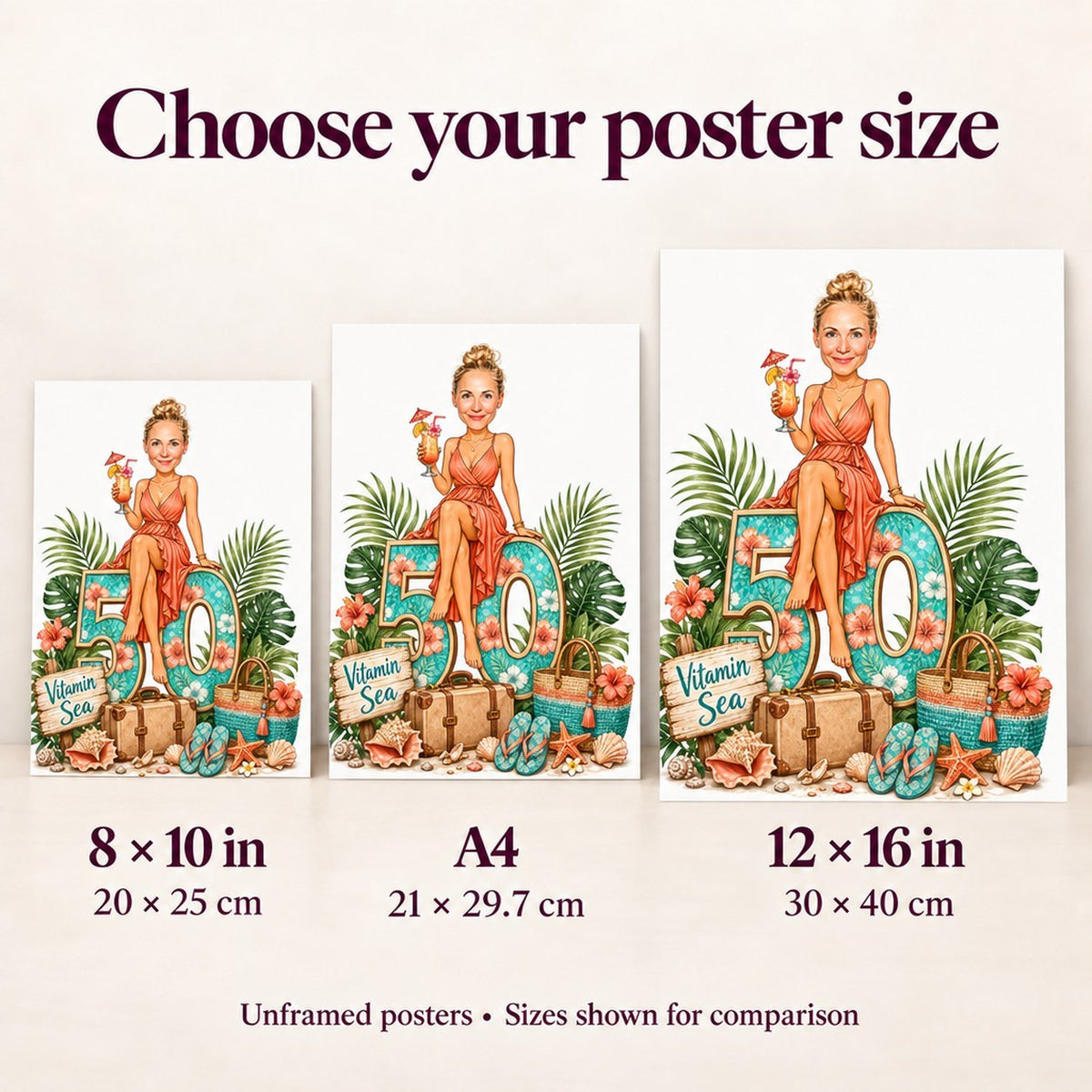 Poster sizes compared: 8x10, A4, and 12x16 inches displayed on wall.