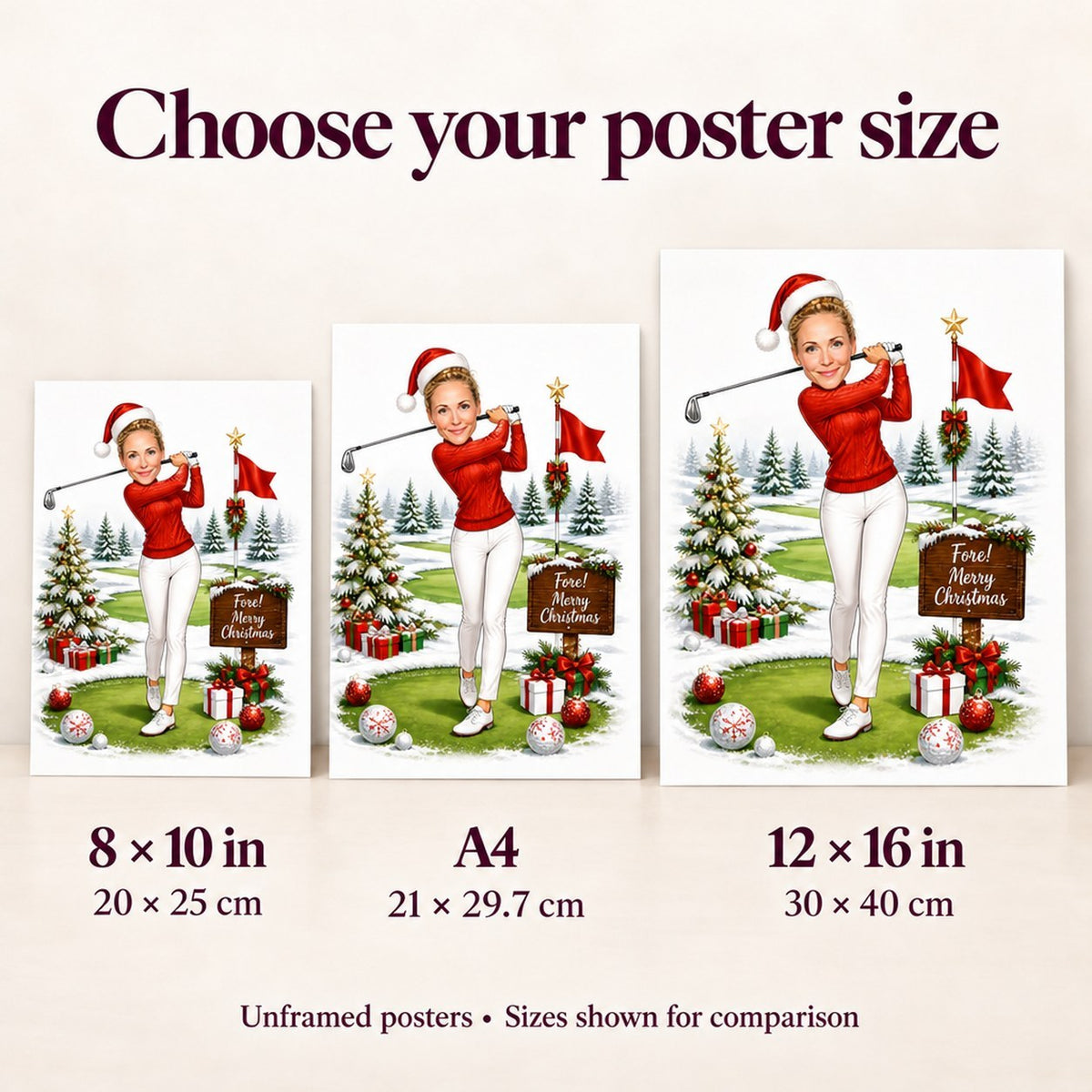 8x10, A4, and 12x16 posters shown side by side for scale.