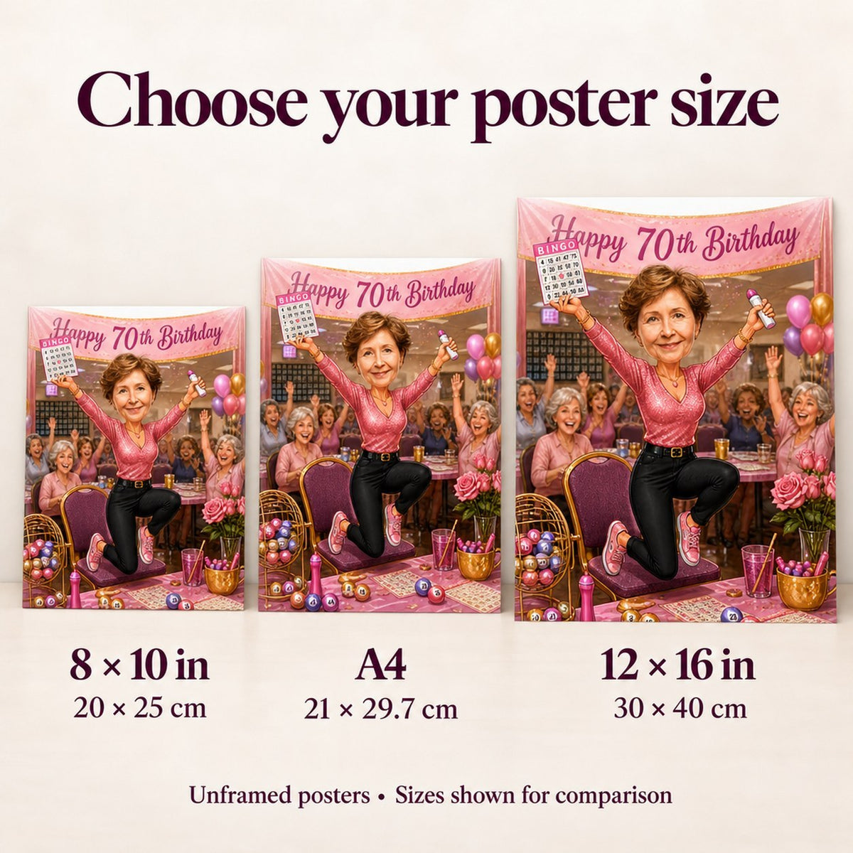 Comparison of poster sizes 8x10, A4, and 12x16 displayed for easy scale view.