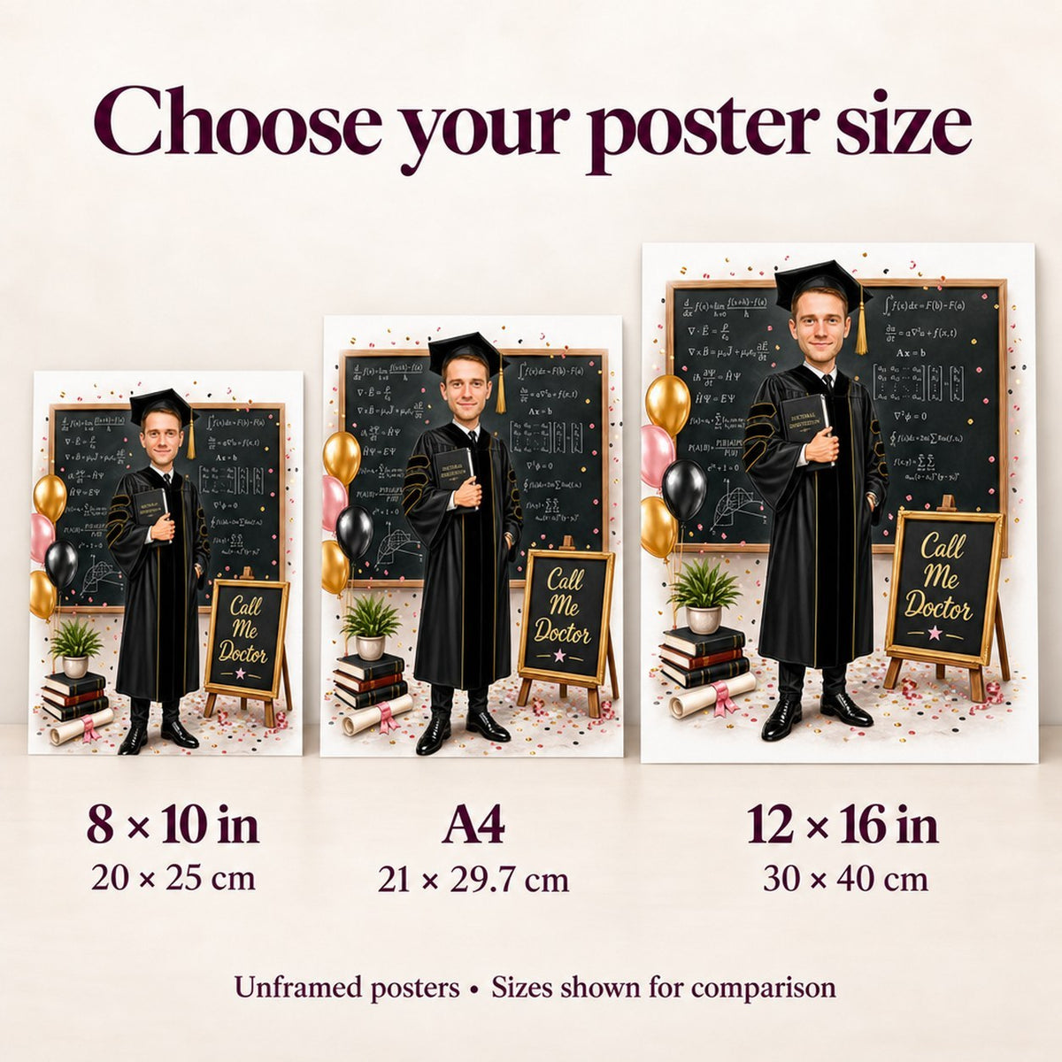 8x10, A4, and 12x16 matte posters shown side by side for scale.
