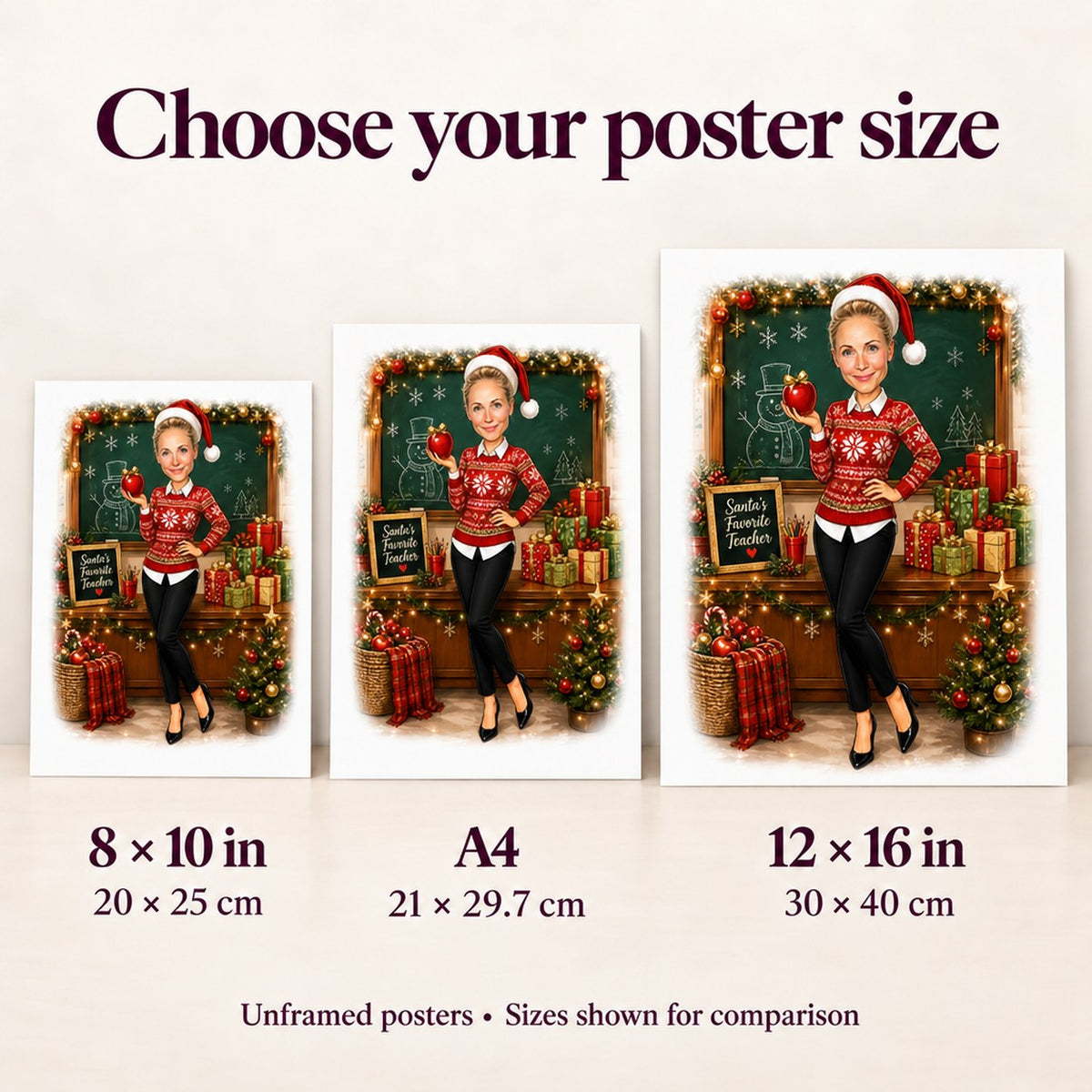 Matte posters 8x10, A4, and 12x16 inches shown side by side for scale.