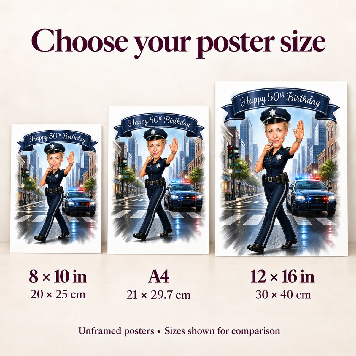 Poster sizes 8x10, A4, and 12x16 compared by person holding unframed prints.
