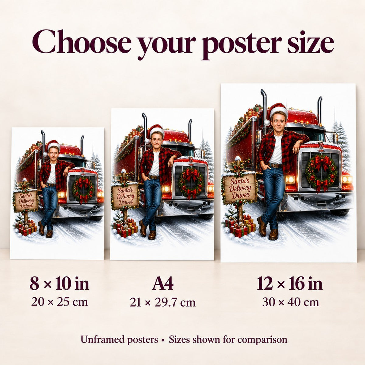 Matte poster sizes 8x10, A4, and 12x16 compared on living room wall.