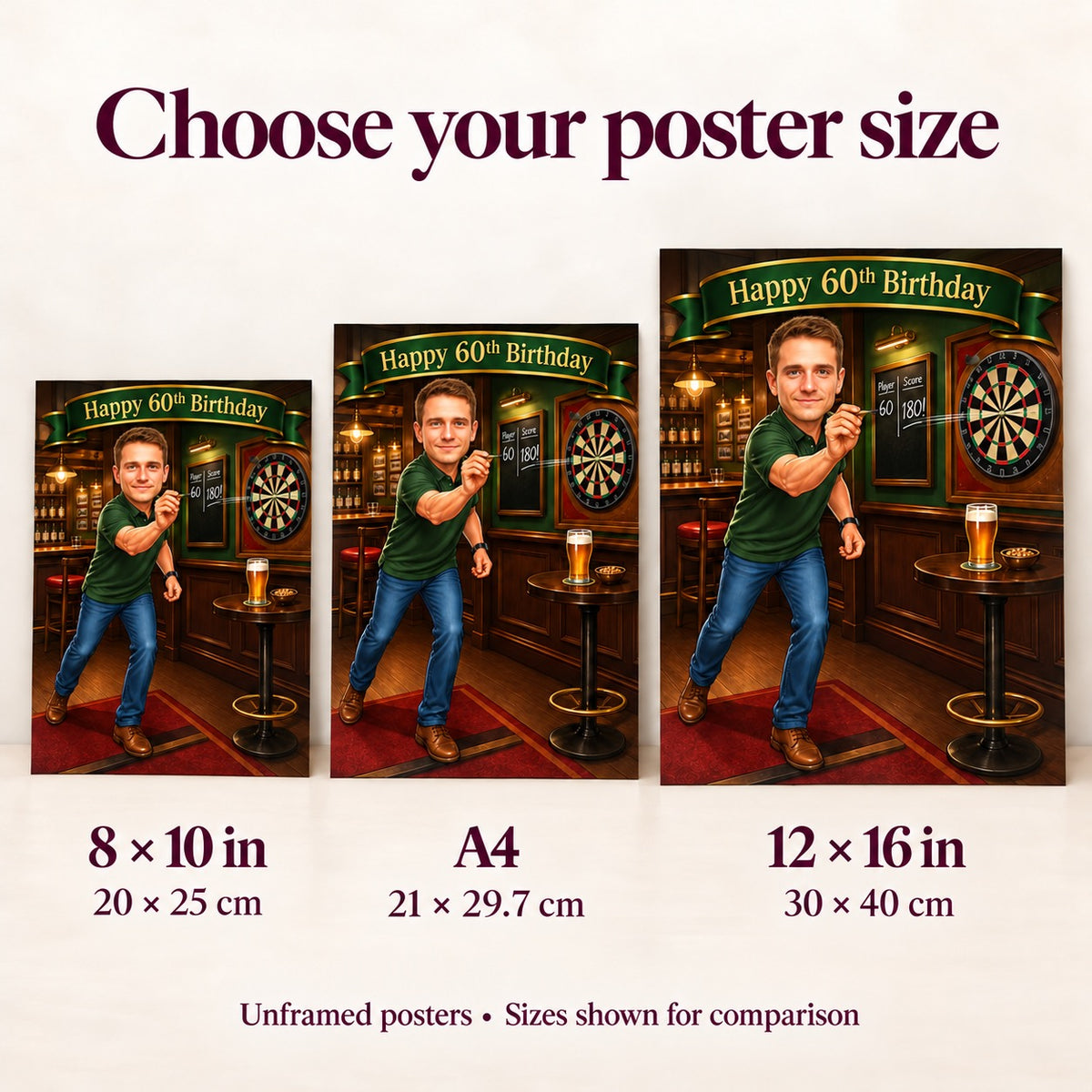 Poster size comparison showing 8x10, A4, and 12x16 inches against a wall.