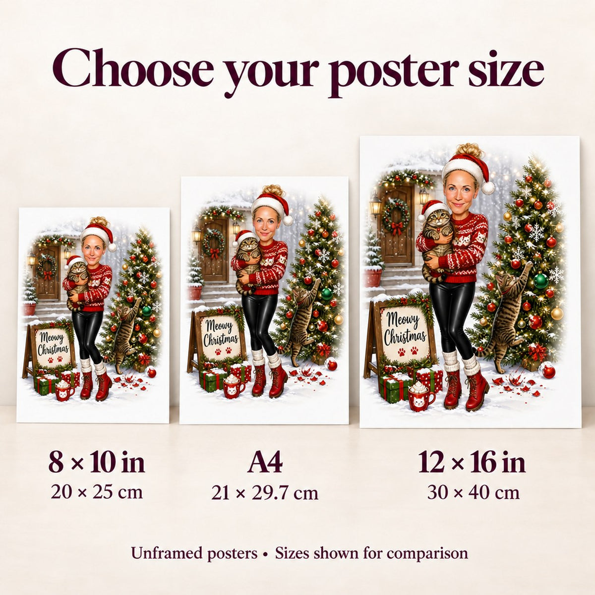 Poster size view comparing 8x10, A4, and 12x16 Meowy Christmas cat design