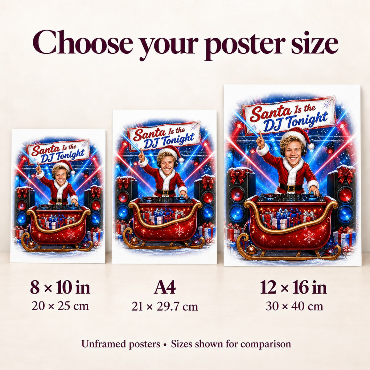 Poster sizes 8x10, A4, and 12x16 inches shown for wall scale comparison