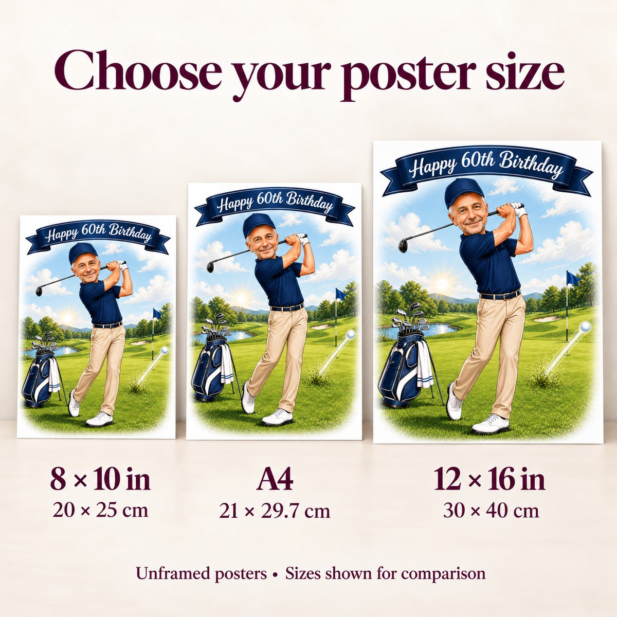 Poster sizes 8x10, A4, and 12x16 shown side by side on a wall.