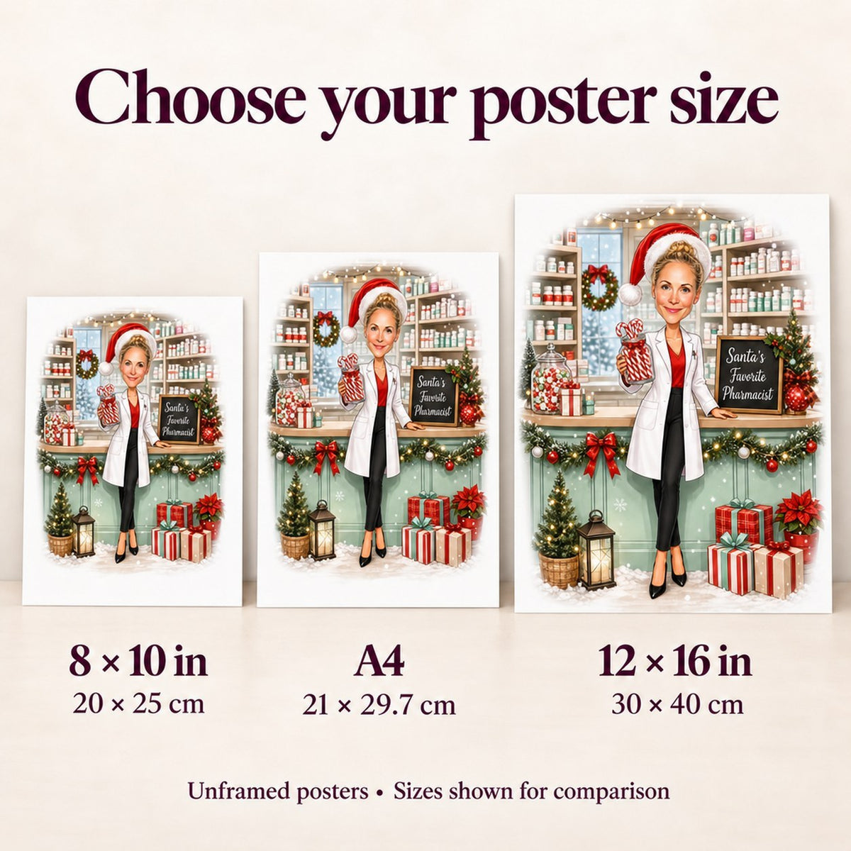 Poster sizes 8x10, A4, and 12x16 compared on wall above desk for scale.