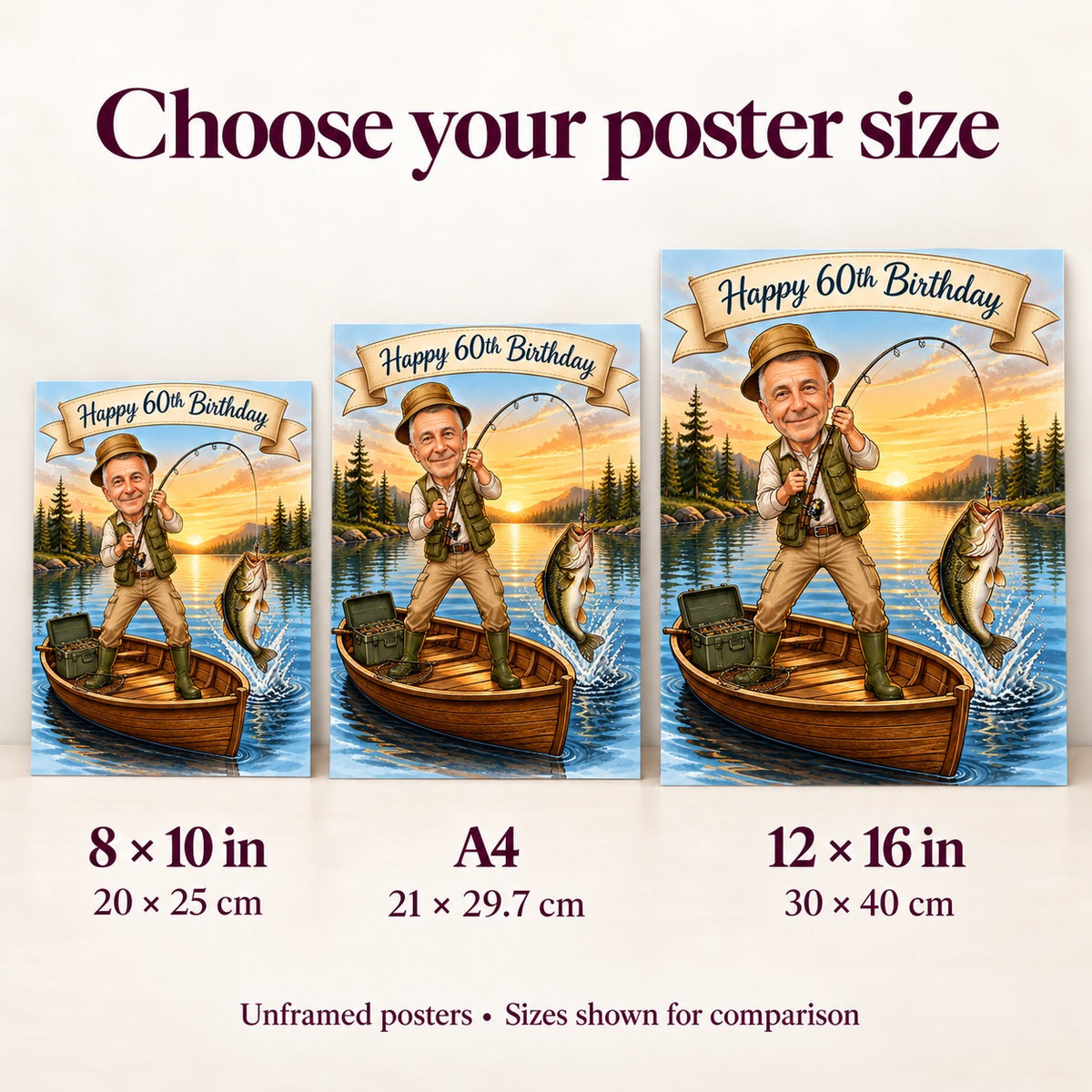 8x10, A4 and 12x16 posters shown next to ruler for size comparison.