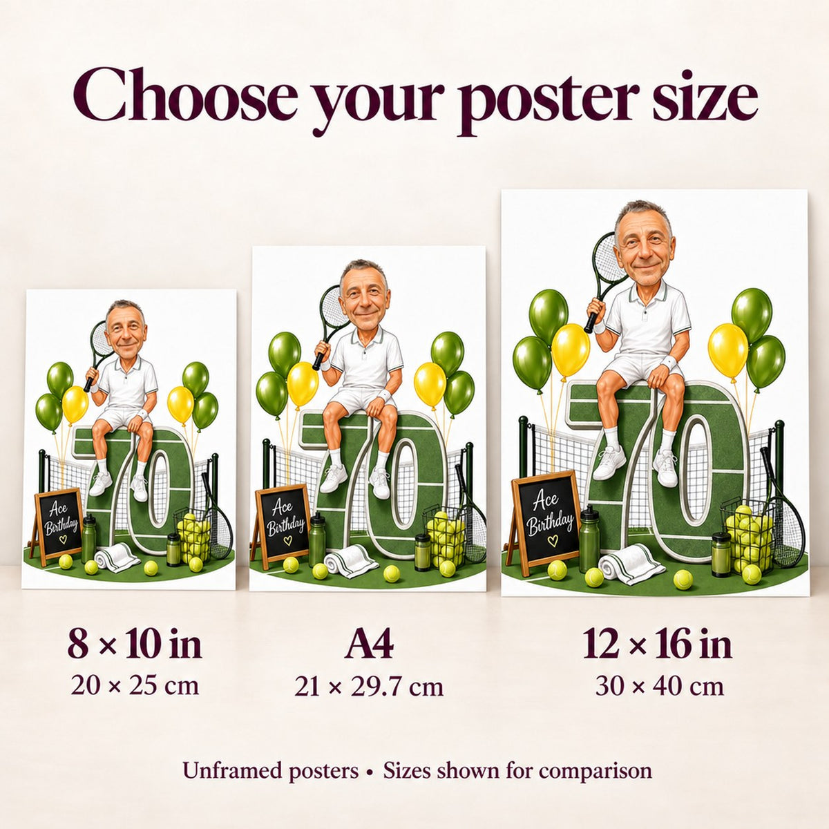 Poster size comparison: 8x10 inch, A4, and 12x16 inch displayed on wall.
