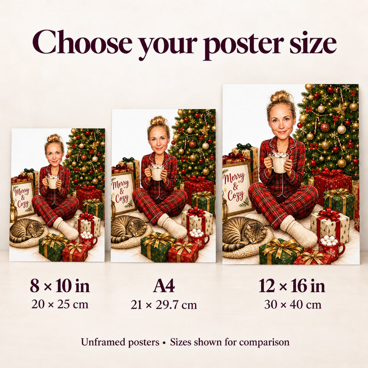 Poster size comparison for 8x10, A4, and 12x16 against a wall.