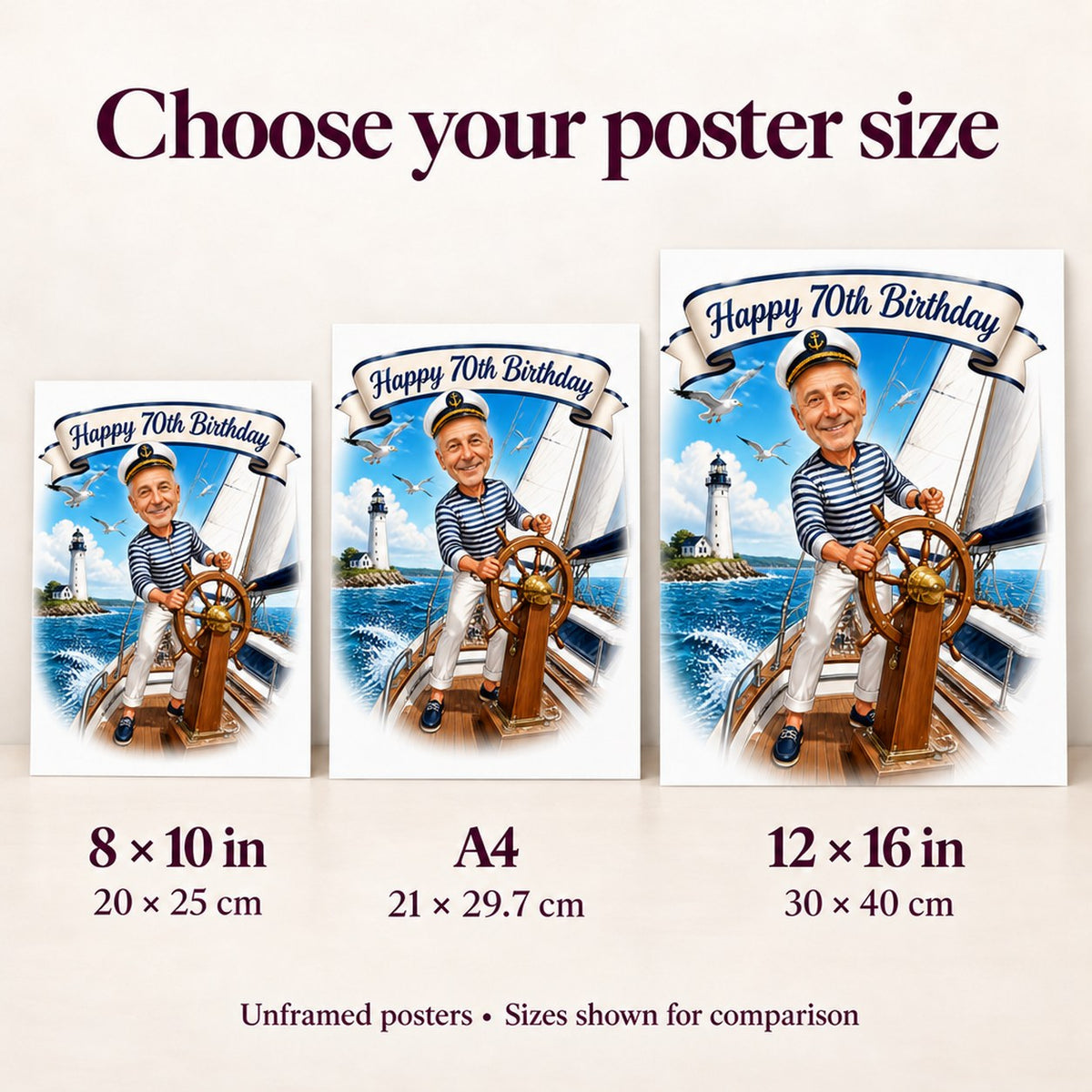 8x10, A4, and 12x16 posters shown side by side for size comparison.
