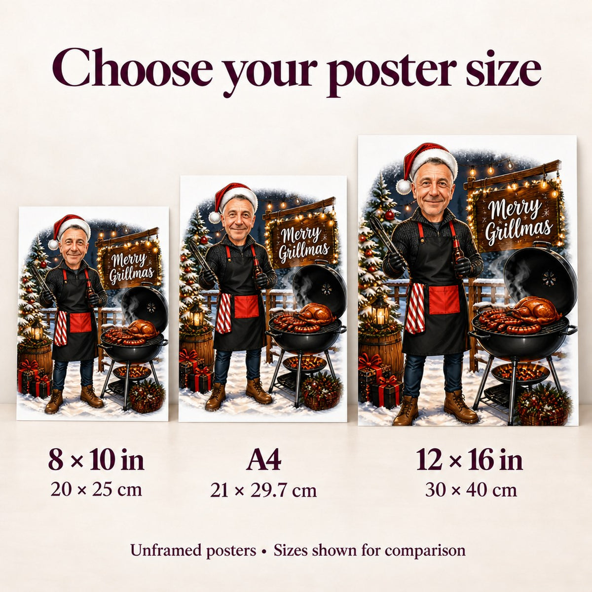 8x10 and 12x16 poster sizes shown next to A4 for easy size comparison.