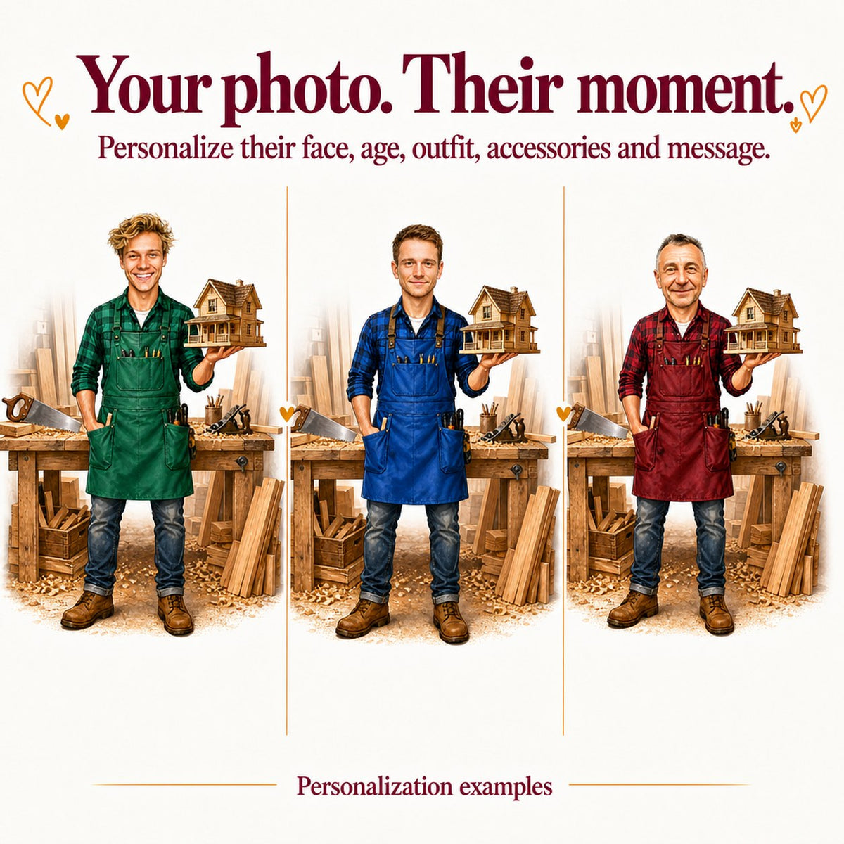 Three custom carpenter caricatures with different faces and apron colors, workshop backdrop.