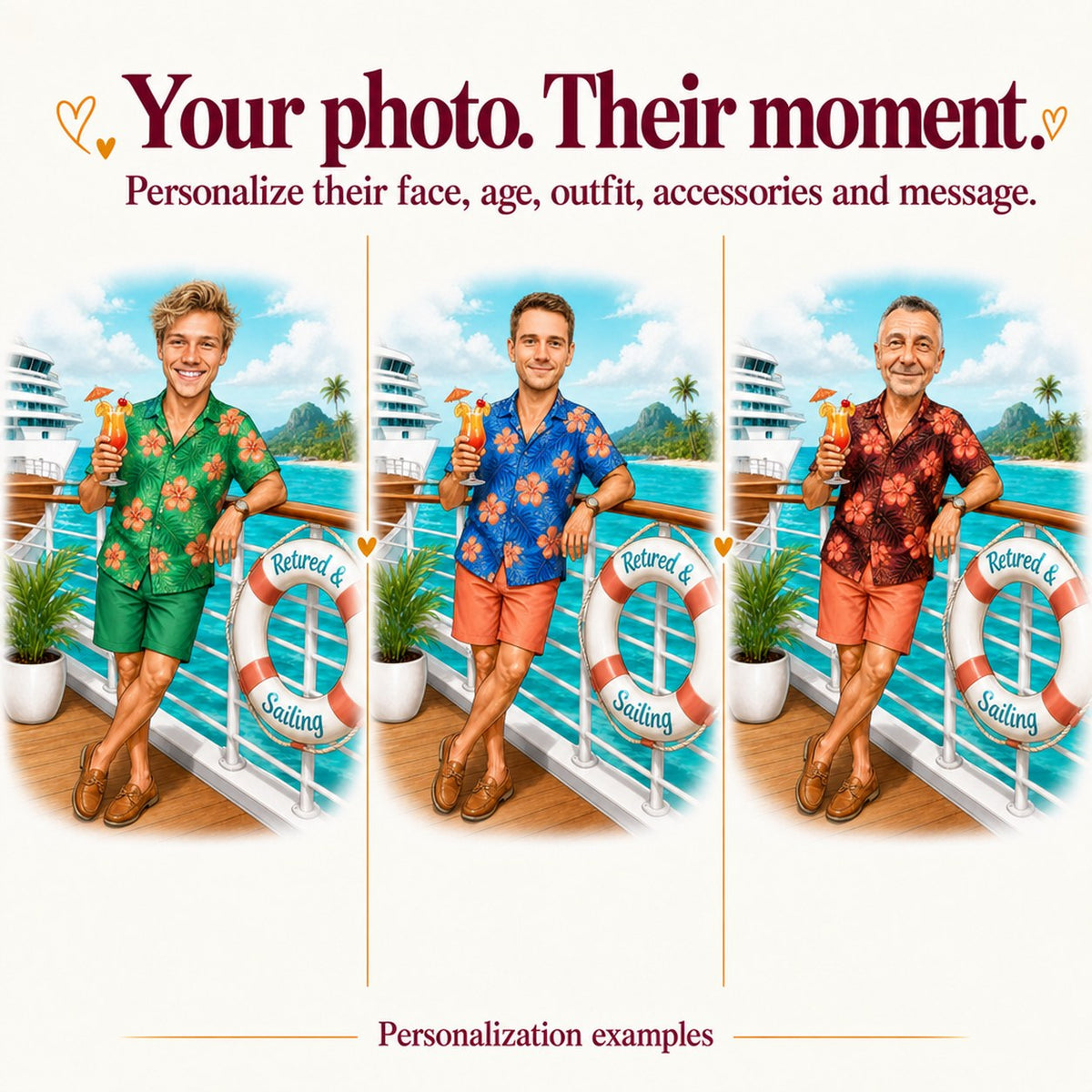 Three personalized cruise retirement caricatures with different faces and shirt colors.