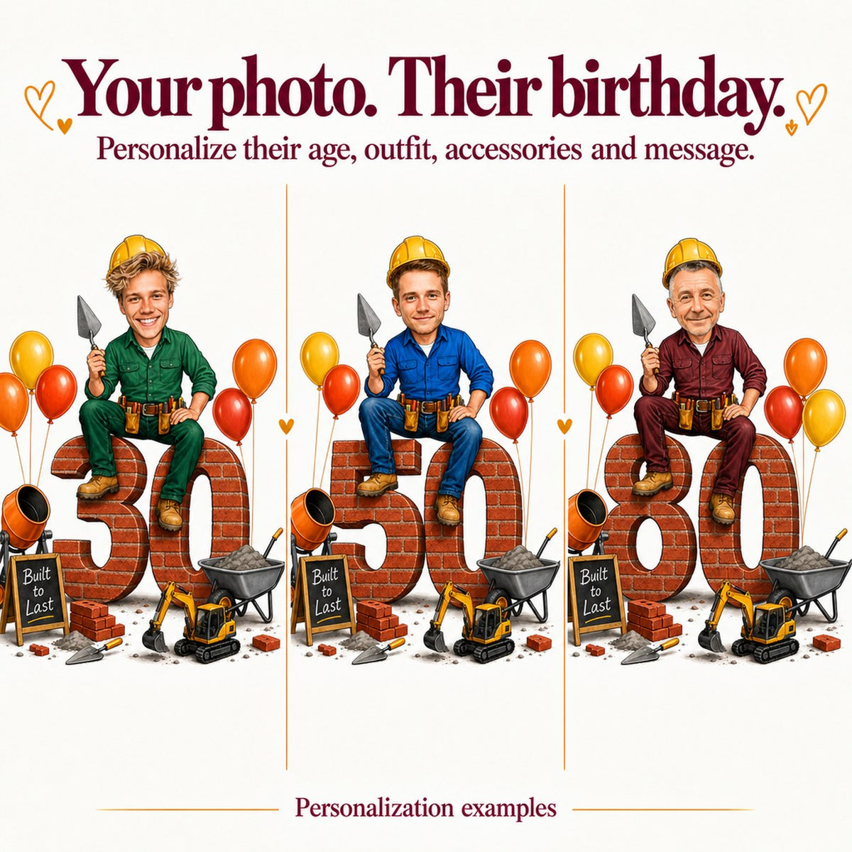 Three personalized faces as masons with ages 30, 50, and 80 on brick numbers.