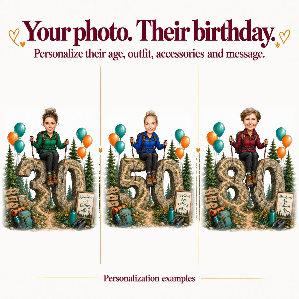 Three women hikers with different faces at ages 30, 50, and 80