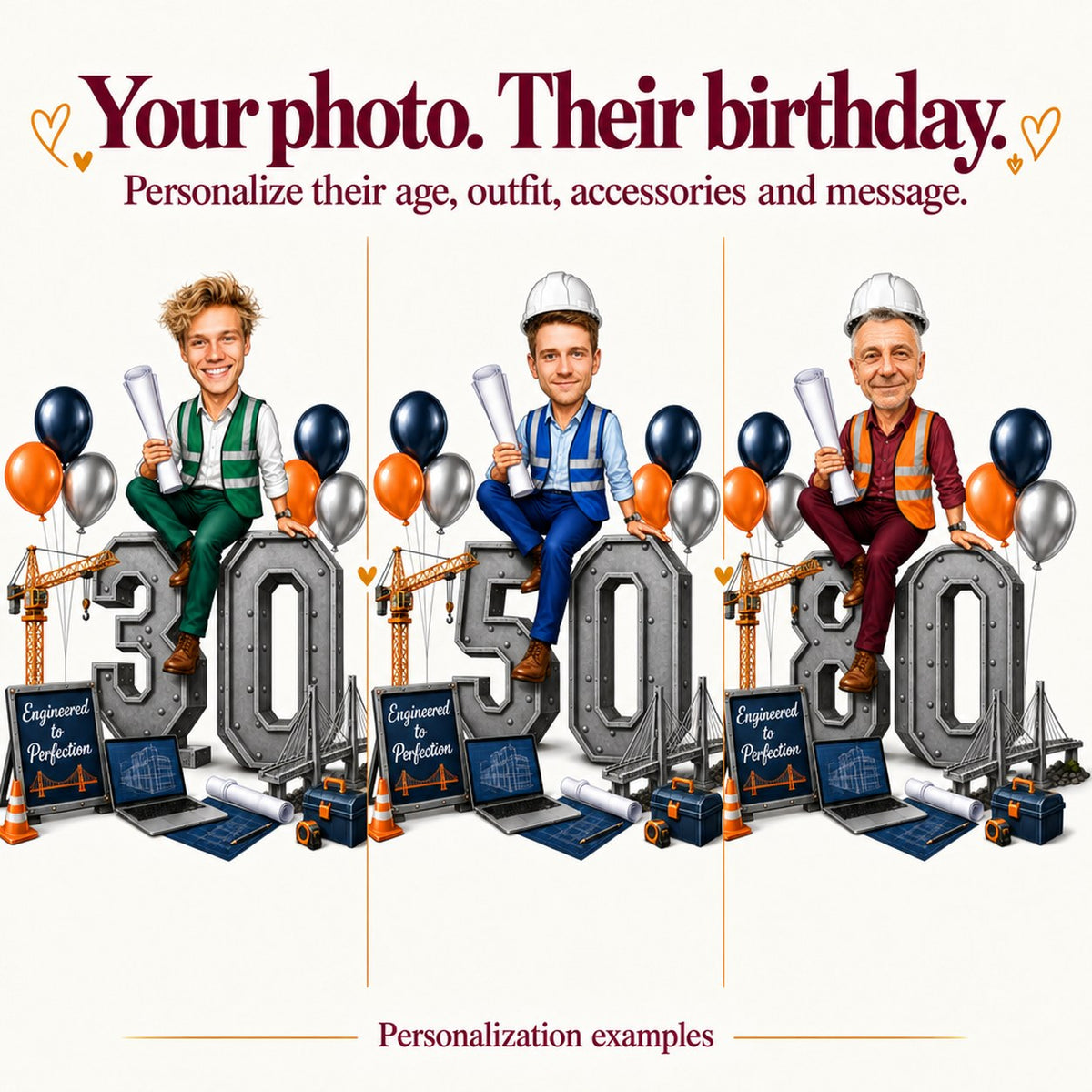Three engineer caricatures with different faces and ages 30, 50, and 80 on numbers.