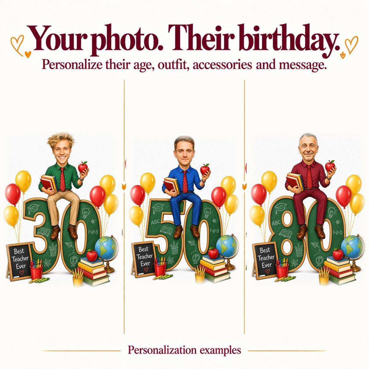 Three teacher caricatures with different faces and ages 30, 50, and 80.