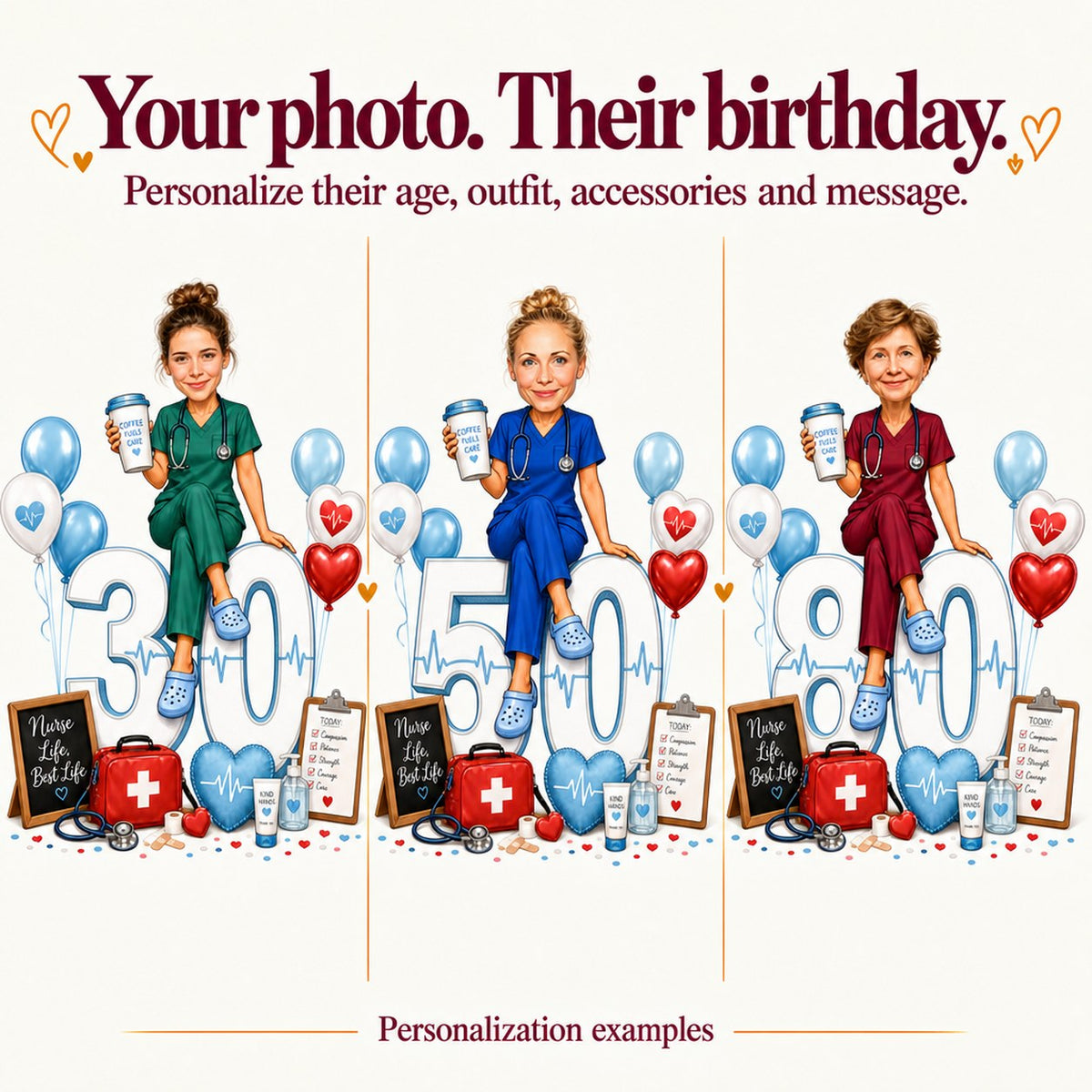 Three custom nurse caricatures with different faces and ages 30, 50, 80