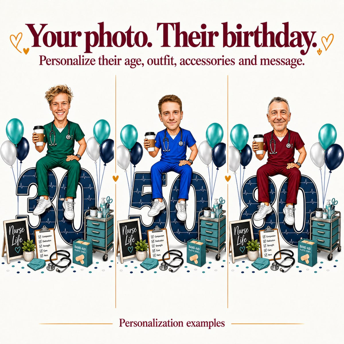 Three nurse caricatures with different faces and ages 30, 50, and 80.