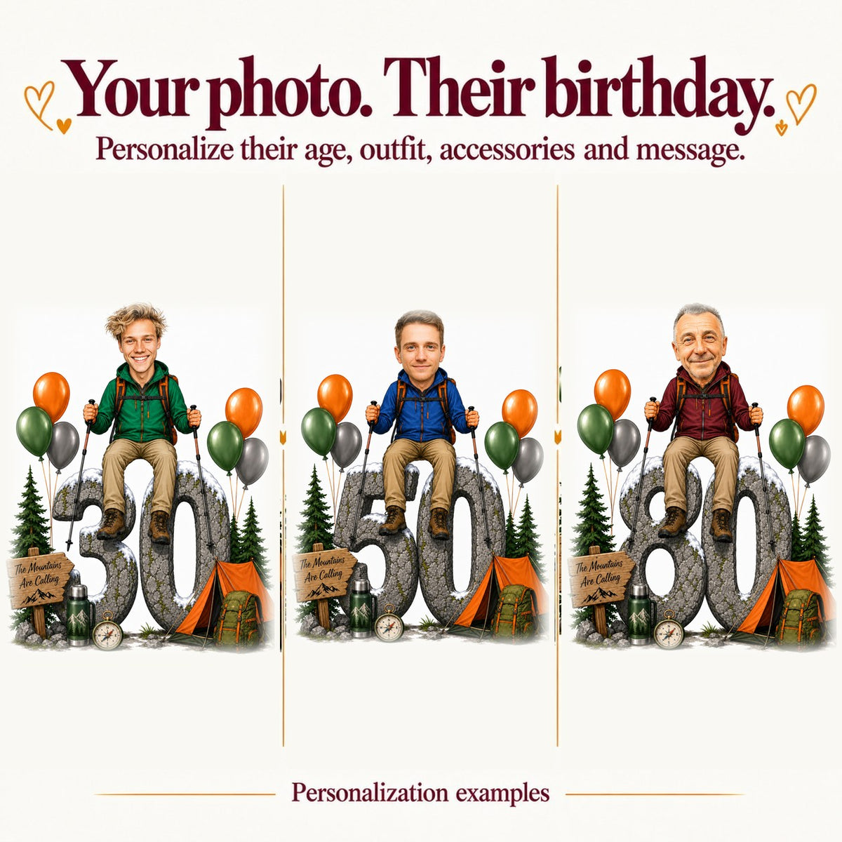 Three personalized hiking caricatures with different faces and ages 30, 50, and 80.