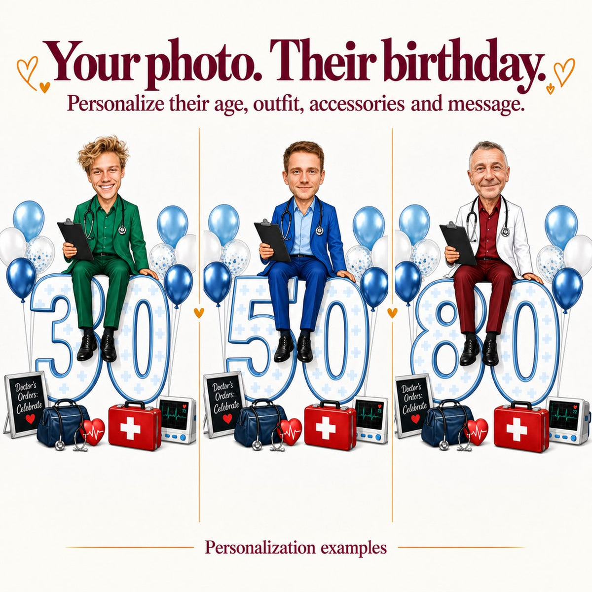 Three doctor caricatures with different male faces on ages 30, 50 and 80.
