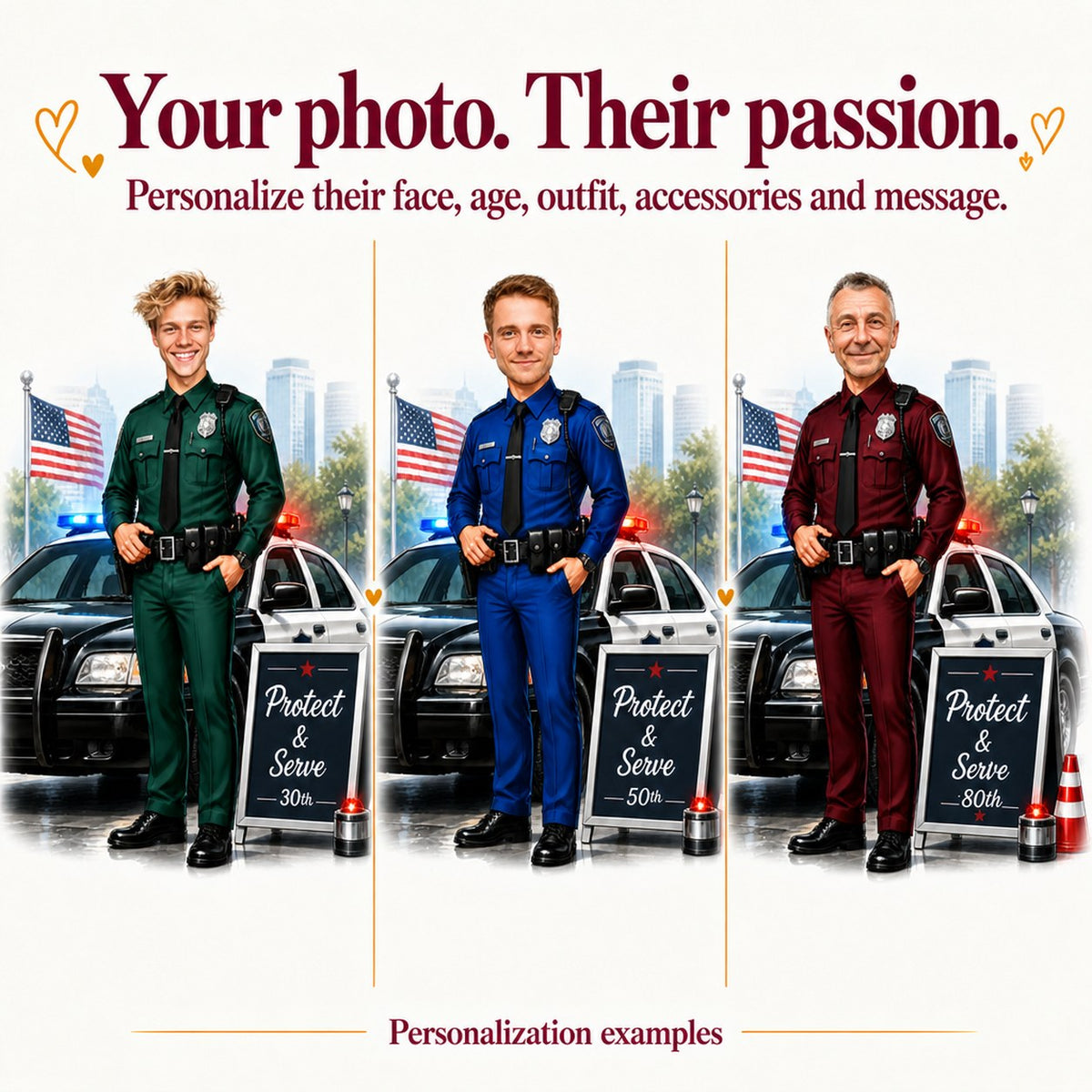 Three personalized police officer caricatures with different faces and uniform colors.