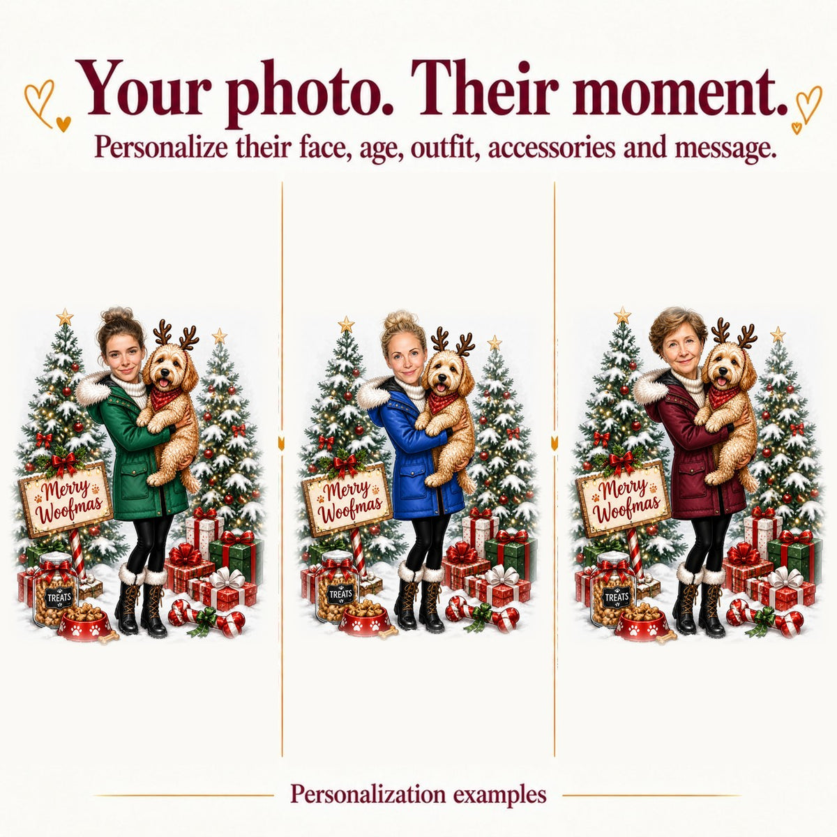 Three versions with different female faces and coat colors, each cuddling a festive dog