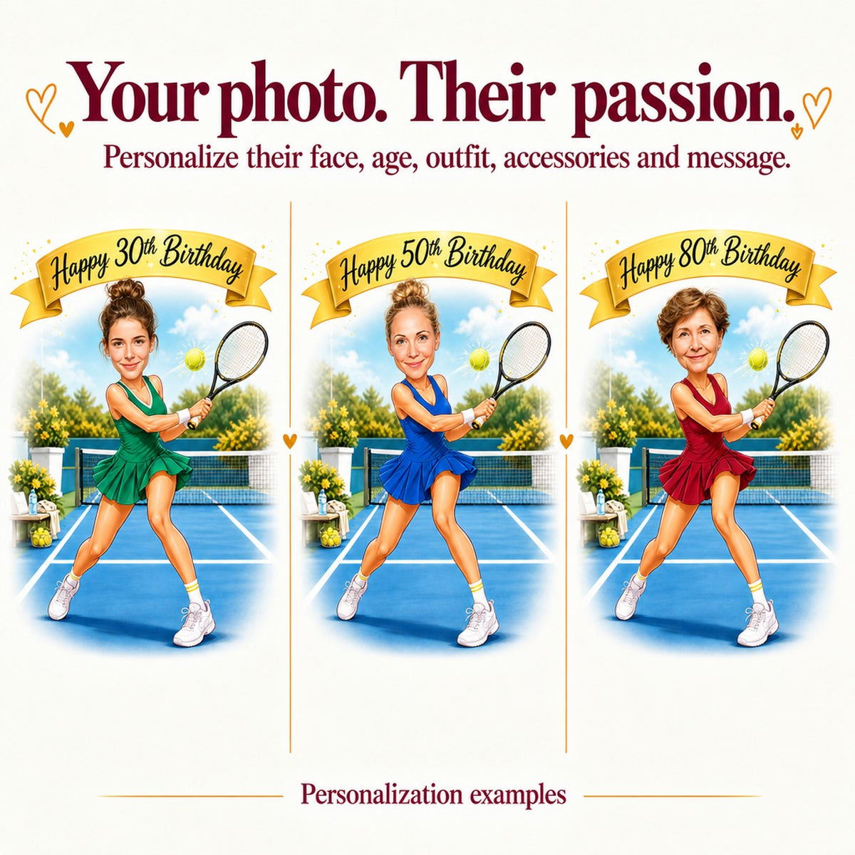 Three custom tennis caricatures with different faces and ages 30, 50, 80