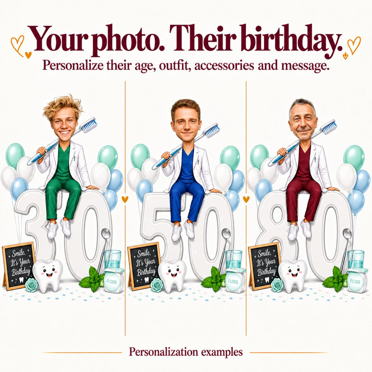 Three dentist caricatures with different faces and ages 30, 50, and 80