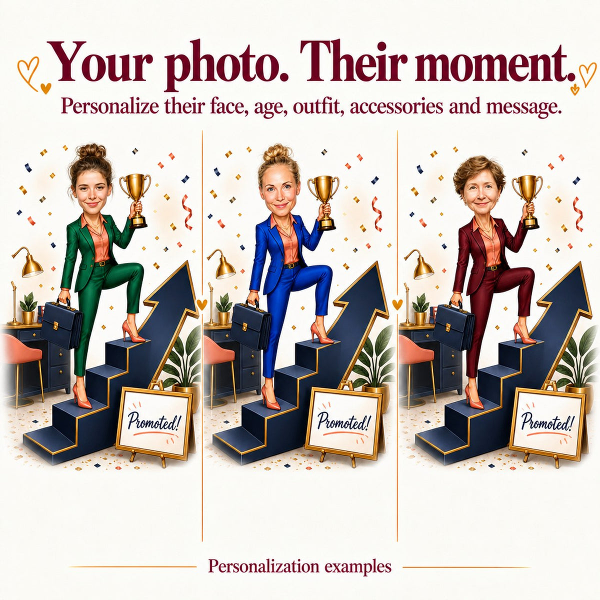 Three personalized versions with different faces, suit colors, and custom sign text.