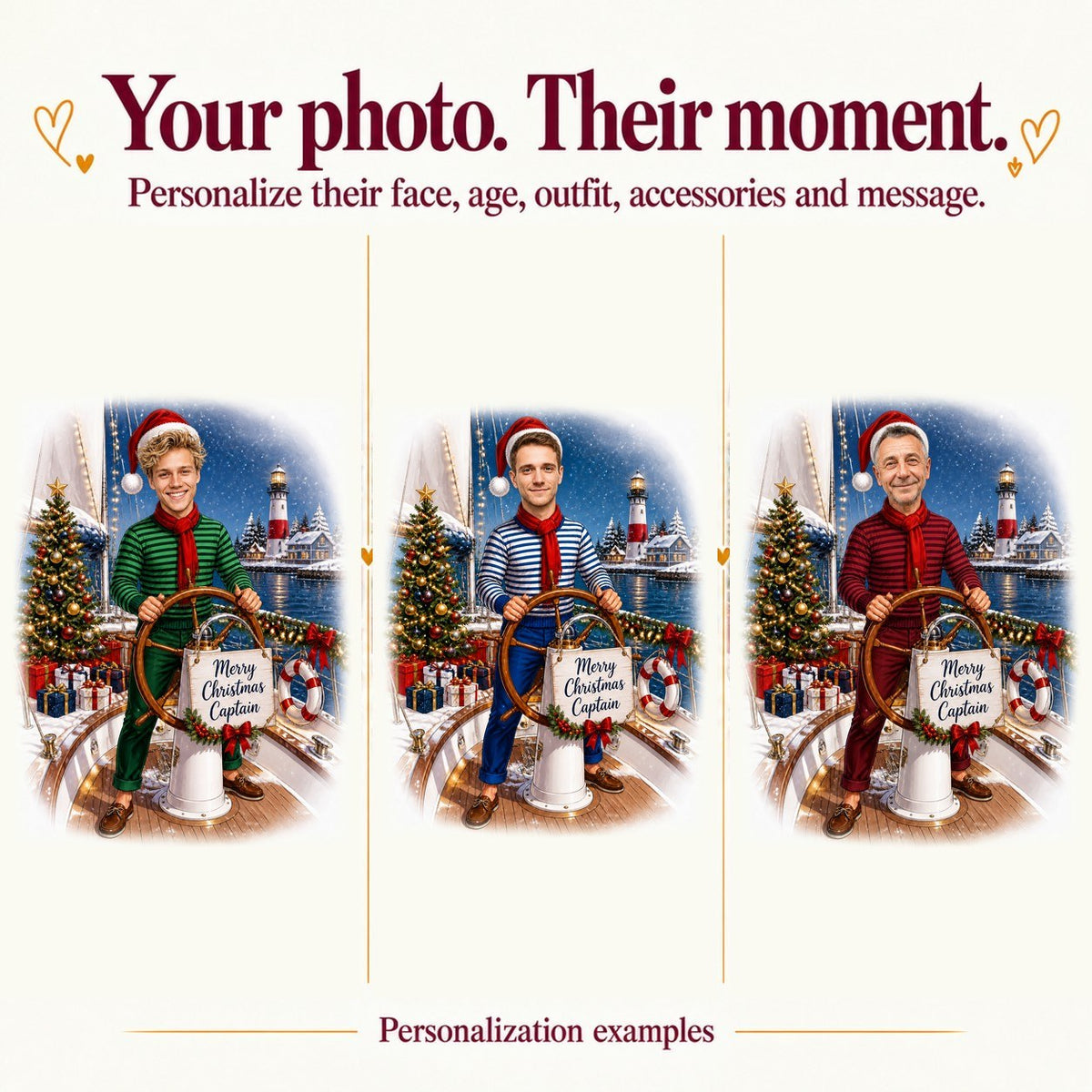 Three personalized captains with different faces, custom sign text, and red, navy, or green scarf colors.