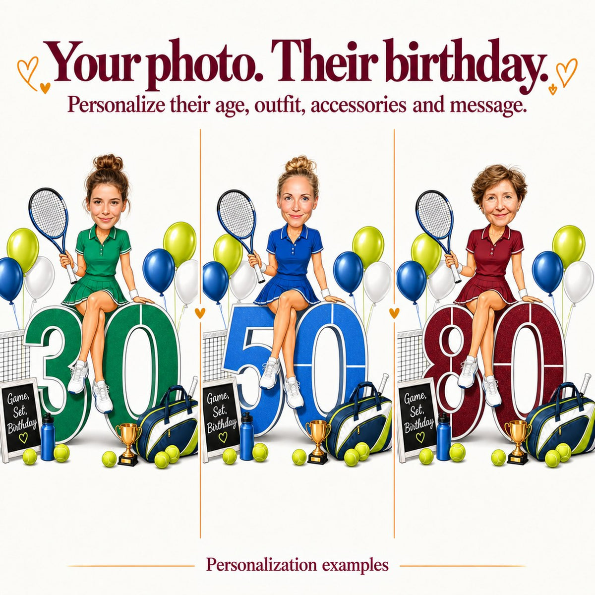 Three personalized tennis caricatures with different faces, ages 30, 50, and 80.