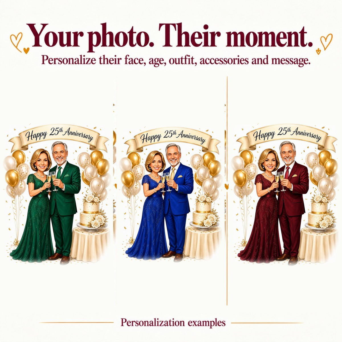 Three personalized couples with different faces and navy, burgundy, and emerald formal outfits.