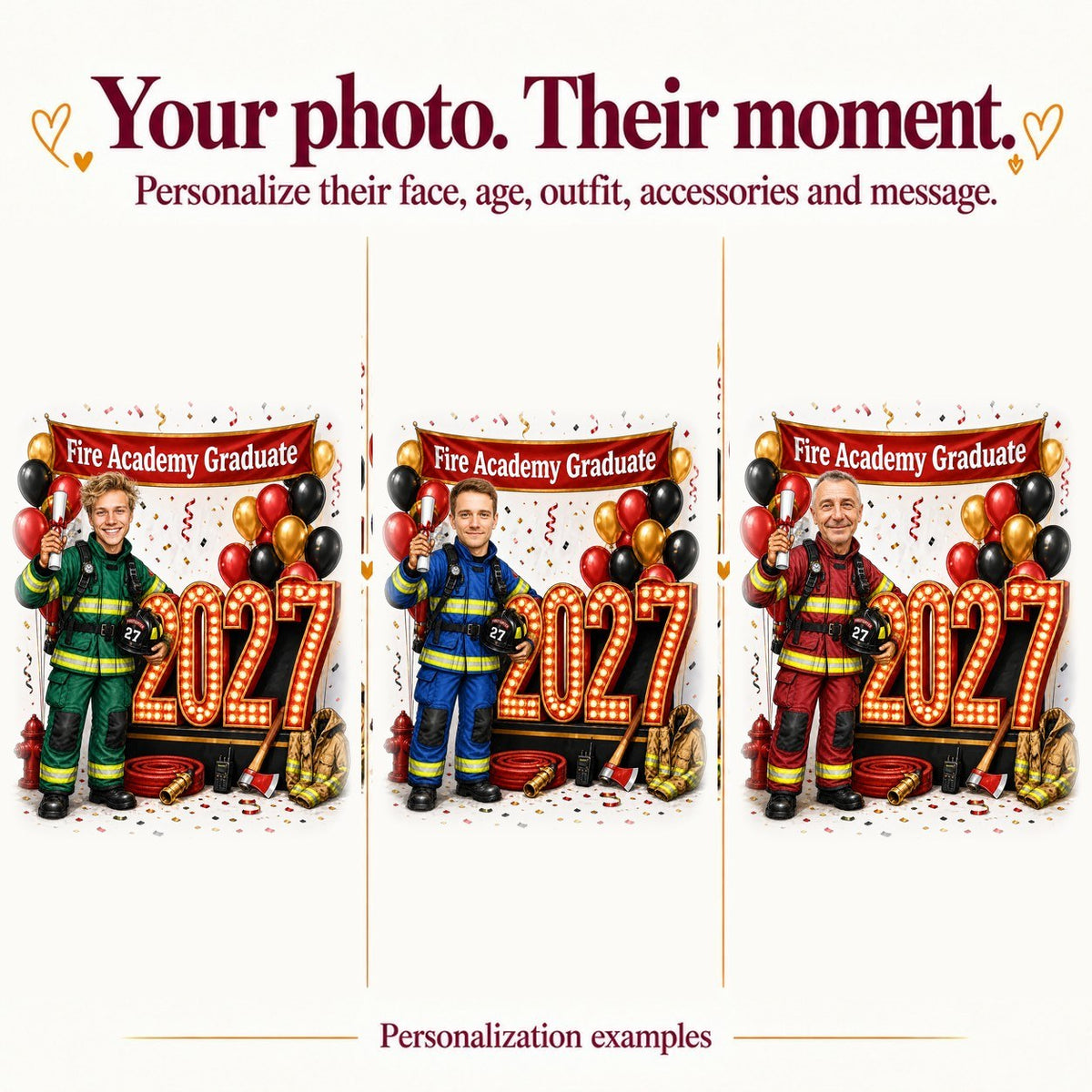 Three graduates with different faces, custom banner text, and varied turnout gear colors.
