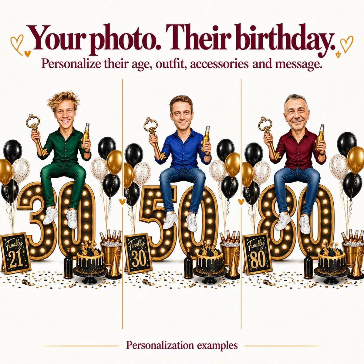 Three examples with different faces on 30, 50, and 80 numbers
