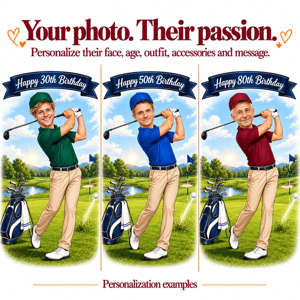 Three golfer caricatures with different faces and ages 30, 50, and 80 on banner.